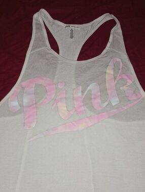 PINK Victoria's Secret White Racerback Tank W/ Pink Gradient Logo Woman's Size S